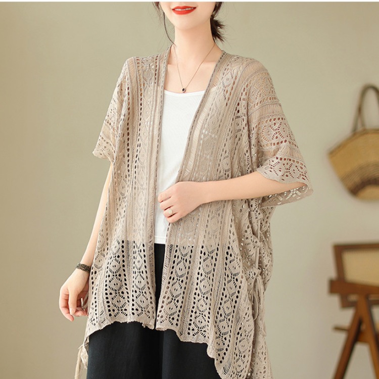 Large size fat girl thin hollow knitted cardigan jacket for women in summer 2025 new style shawl short-sleeved top