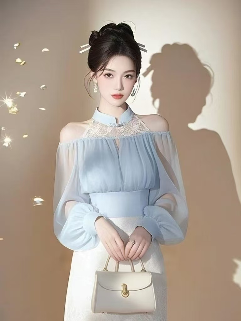 2025 new Chinese style super beautiful unique and beautiful off-shoulder blue chiffon shirt top for women