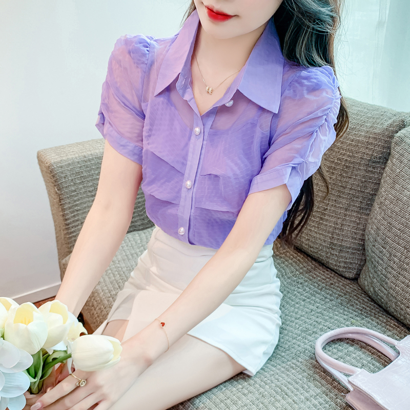 Real shot of 2025 summer new fake two-piece chiffon shirt short-sleeved temperament slim and versatile top for women