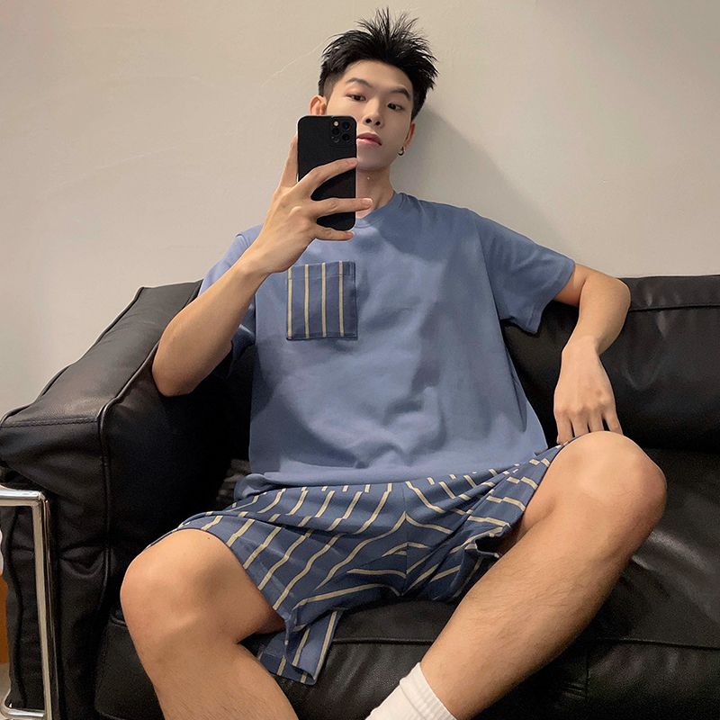 Summer imitation cotton men's round neck short sleeve shorts pajamas men's suit casual home clothes