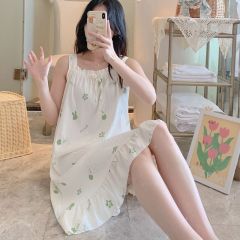 Summer cloud cotton sleeveless suspender one-shoulder nightgown women's sexy home clothes loose skirt