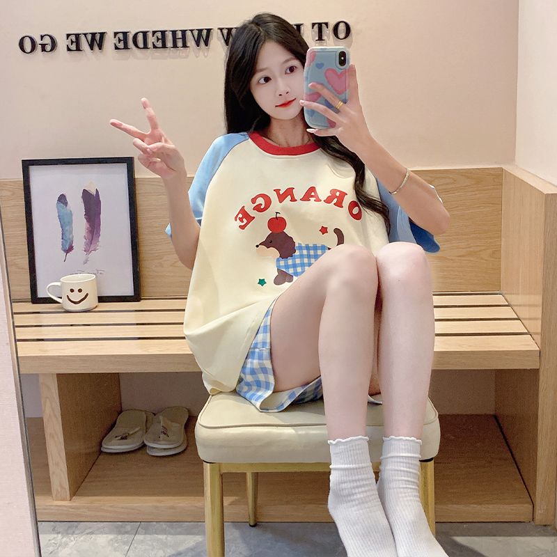 Summer tie-up imitation cotton round neck short sleeve shorts pajamas women's suit casual and comfortable home clothes