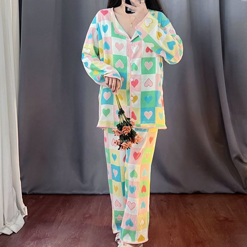 Spring and autumn ins style pajamas women long sleeves long trousers cartoon small lapel cardigan cloud cotton home clothes women's suit