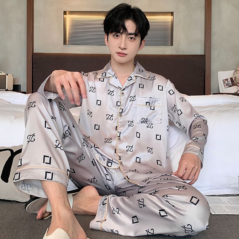 Spring ice silk men's lapel cardigan long sleeve trousers pajamas men's suit home clothes