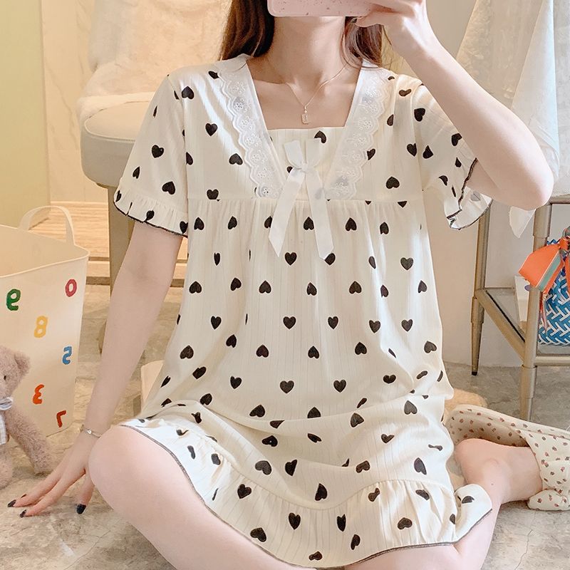 Summer milk silk pit strip lace lace square collar short-sleeved nightgown women's home clothes body dress