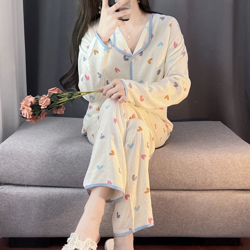 Spring and autumn ins style pajamas women long sleeves long trousers cartoon small lapel cardigan cloud cotton home clothes women's suit