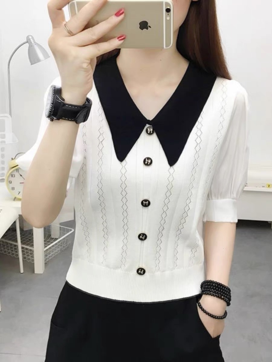 Fashion brand short tops for women with high waist ice silk base square collar hollow short sleeve T-shirt for women in summer new knitted sweaters ins