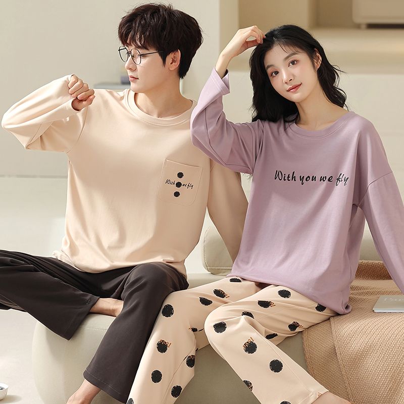 Spring pure cotton couple round neck long sleeve trousers pajamas men and women suit home casual clothing