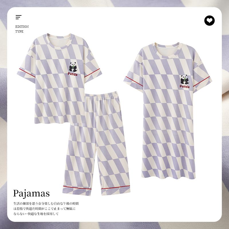 Summer imitation cotton short-sleeved cropped pants, short-sleeved nightgown, three-piece pajamas, women's suit, home clothes
