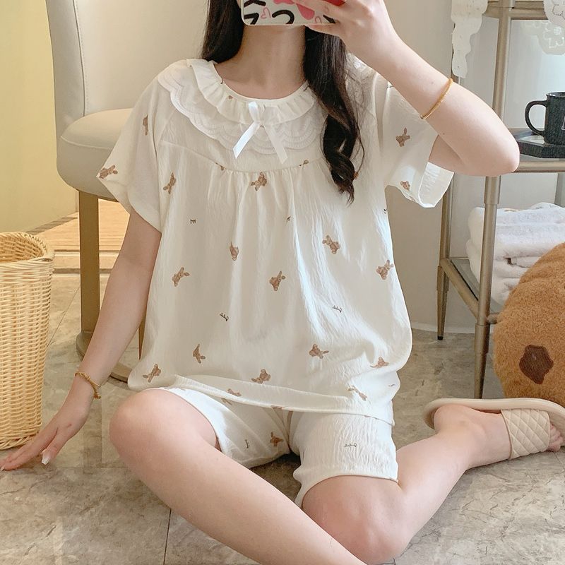 Summer cloud cotton edge square collar one-shoulder short-sleeved pajamas women's suit casual home clothes