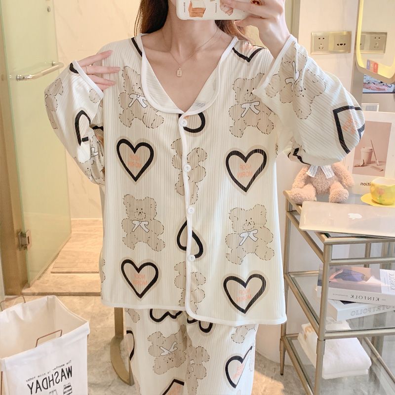 Spring and Autumn Live Pajamas Women's Cardigan Long Sleeve Trousers Milk Silk Strip Sweet Cute Home Clothing Set