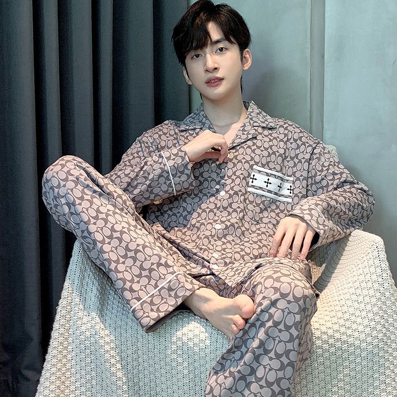 Spring and Autumn Pure Cotton Men's Lapel Cardigan Long Sleeve Pajamas Men's Set Casual Home Clothing