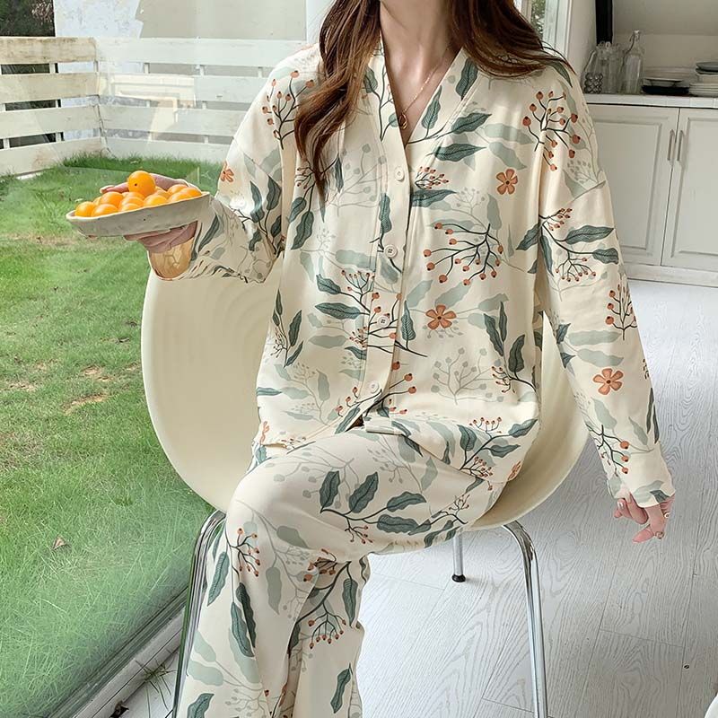 Spring imitation cotton sweet V-neck cardigan long sleeve trousers pajamas women's suit casual home clothes