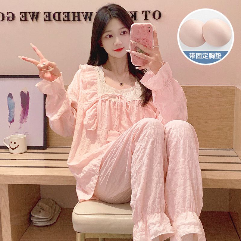 Spring cloud cotton jacquard with chest pad lace square collar long sleeve pajamas women's suit