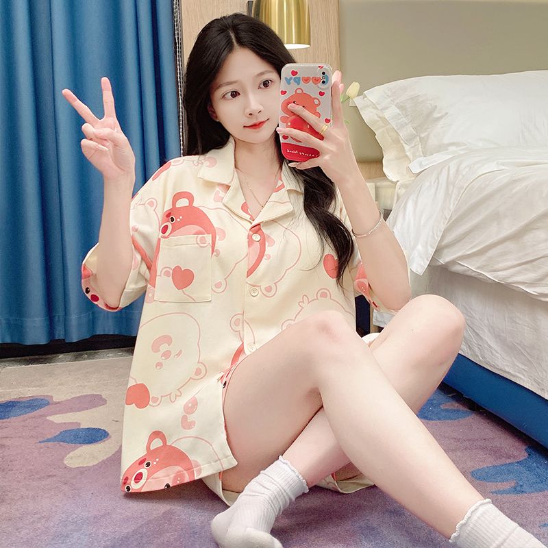 Summer imitation cotton men's round neck short sleeve shorts pajamas men's suit casual home clothes