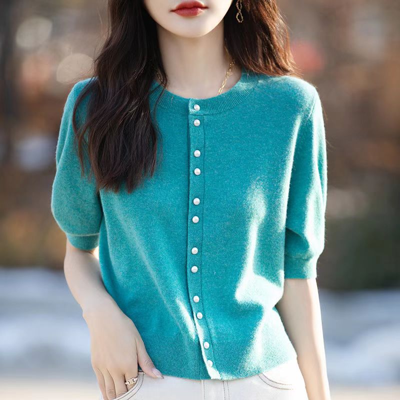 French worsted cashmere knitted cardigan short-sleeved women's high-end round neck half-sleeved spring and summer loose wool top jacket