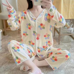 Spring and Autumn Live Pajamas Women's Cardigan Long Sleeve Trousers Milk Silk Strip Sweet Cute Home Clothing Set