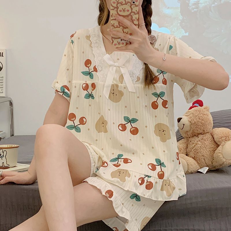 Summer milk silk pit strip lace lace square collar short-sleeved pajamas women's suit home clothes