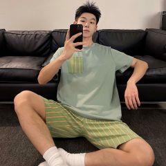 Summer imitation cotton men's round neck short sleeve shorts pajamas men's suit casual home clothes