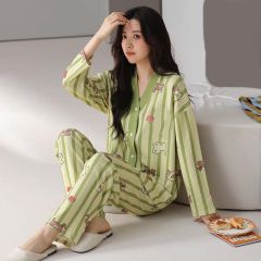 Spring imitation cotton sweet V-neck cardigan long sleeve trousers pajamas women's suit casual home clothes