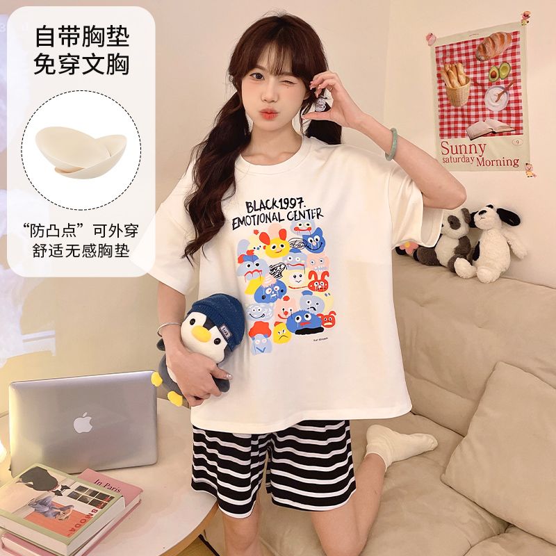 Summer imitation cotton with chest pad cartoon round neck short-sleeved pajamas women's suit casual home clothes