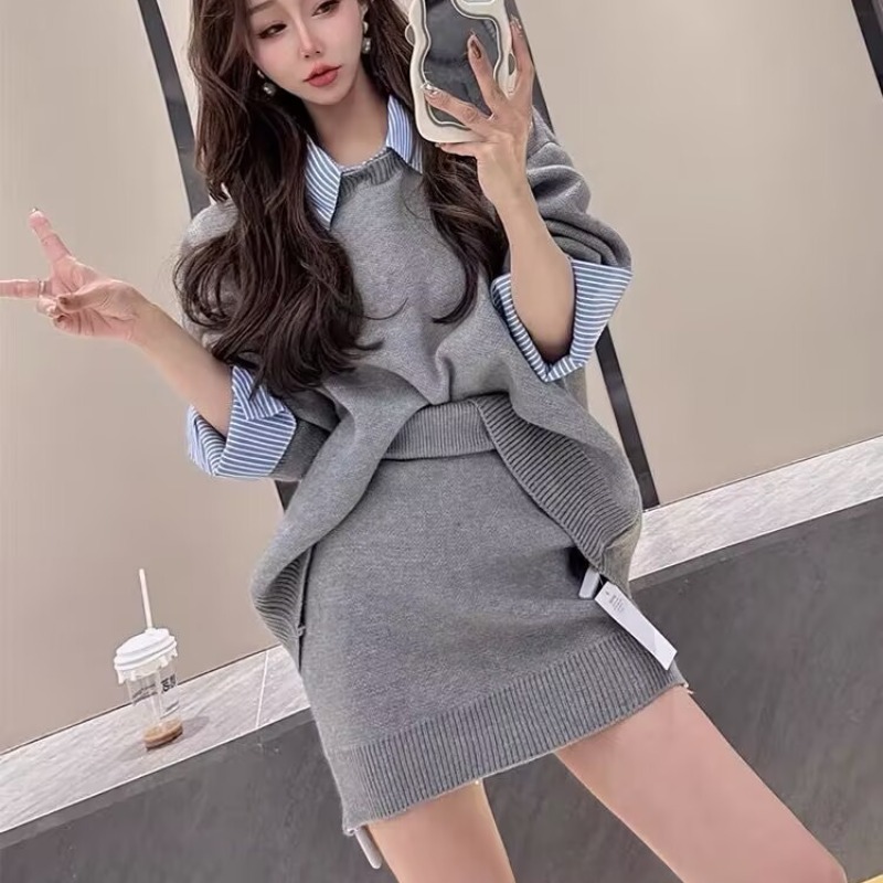 Korean spliced ​​shirt collar knitted two-piece set fashionable high-end slimming fake two-piece sweater women's high waist short skirt suit