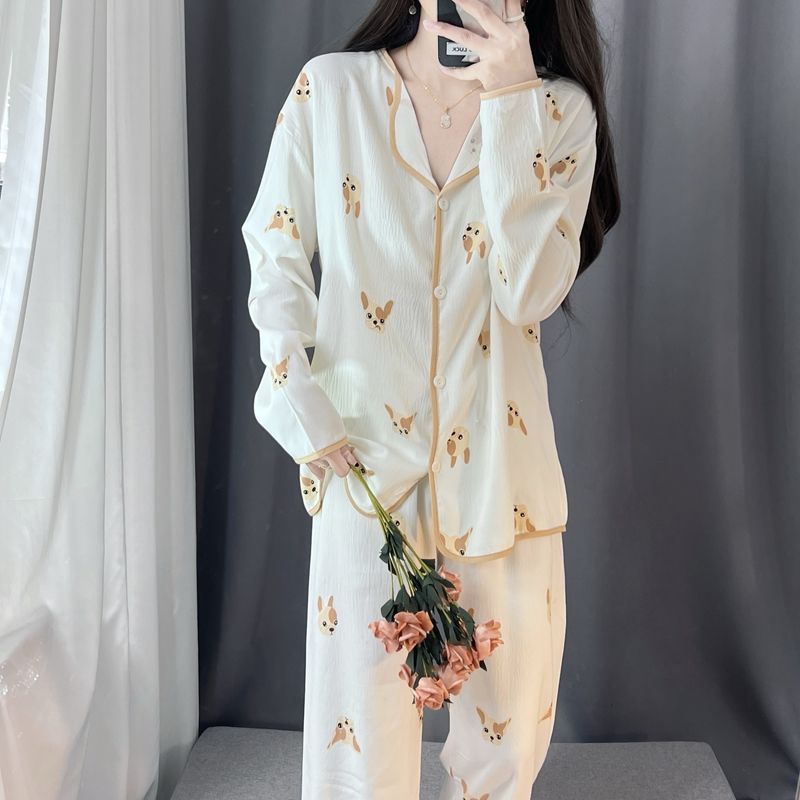 Spring and autumn ins style pajamas women long sleeves long trousers cartoon small lapel cardigan cloud cotton home clothes women's suit