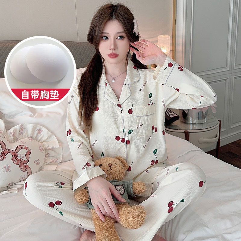 Spring cloud cotton with chest pad lapel cardigan long-sleeved pajamas women's suit home clothes