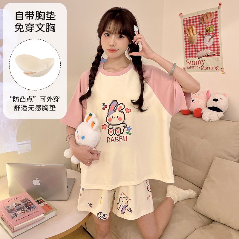 Summer imitation cotton with chest pad cartoon round neck short-sleeved pajamas women's suit casual home clothes