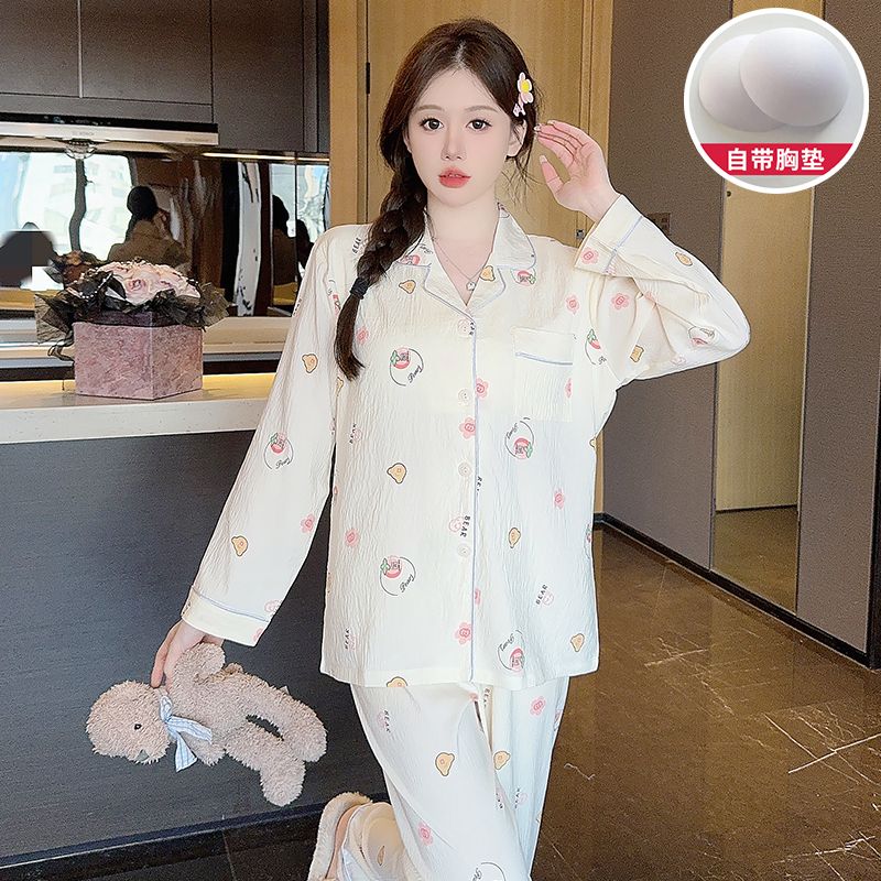 Spring cloud cotton with chest pad lapel cardigan long-sleeved pajamas women's suit home clothes