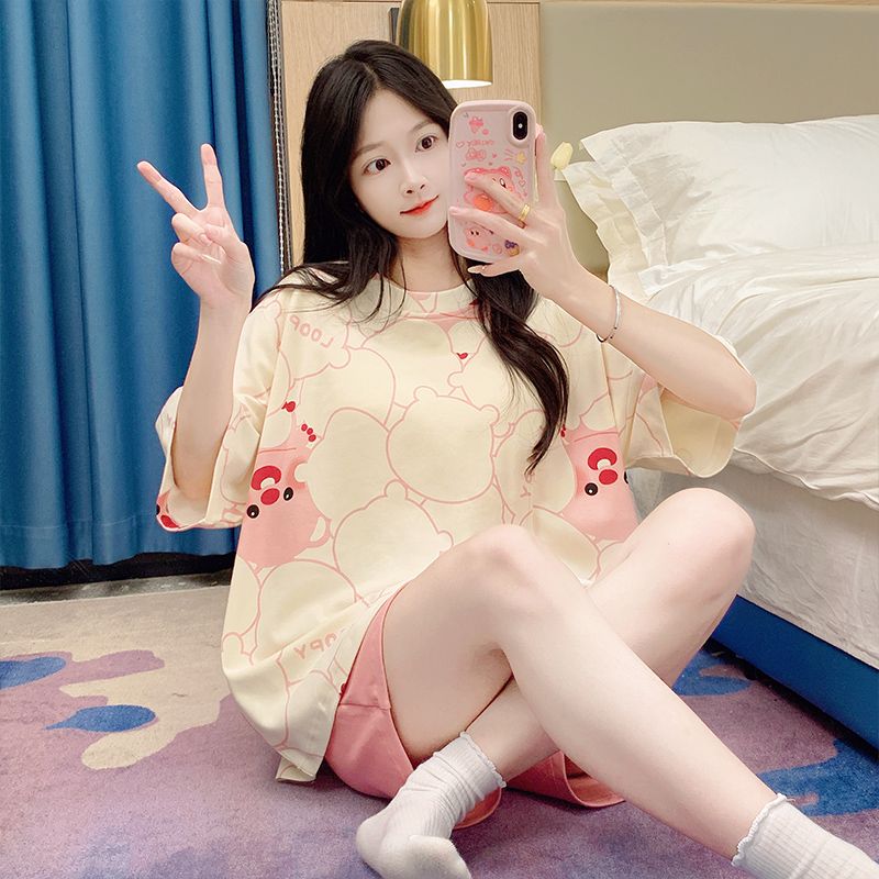 Summer tie-up imitation cotton round neck short sleeve shorts pajamas women's suit casual and comfortable home clothes