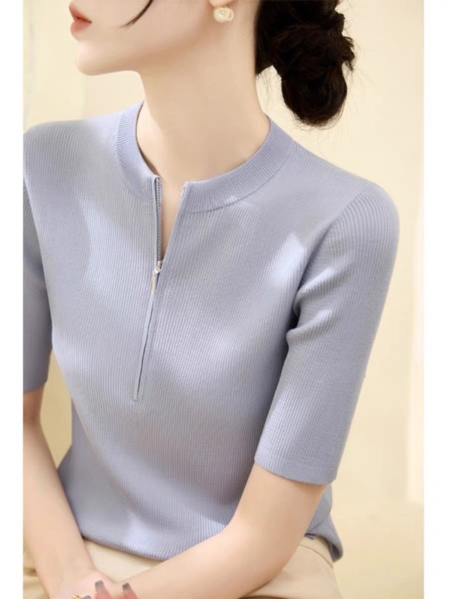 Front shoulder half-open collar mid-sleeved knitted base sweater women's spring and autumn 2025 new zipper inner base top
