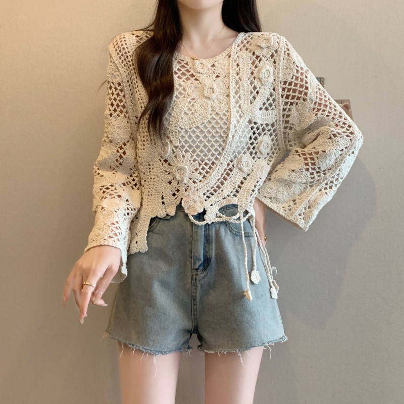 Real shot-2025 large-size women's summer clothing new style fat girl vacation style hollow irregular tassel flower top