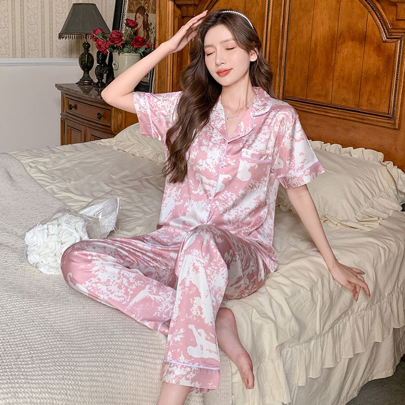 Summer ice and snow silk lapel cardigan short-sleeved trousers pajamas women's suit casual home clothes