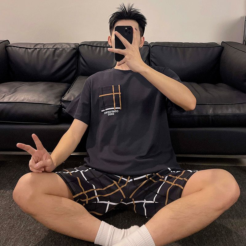 Summer imitation cotton men's round neck short sleeve shorts pajamas men's suit casual home clothes