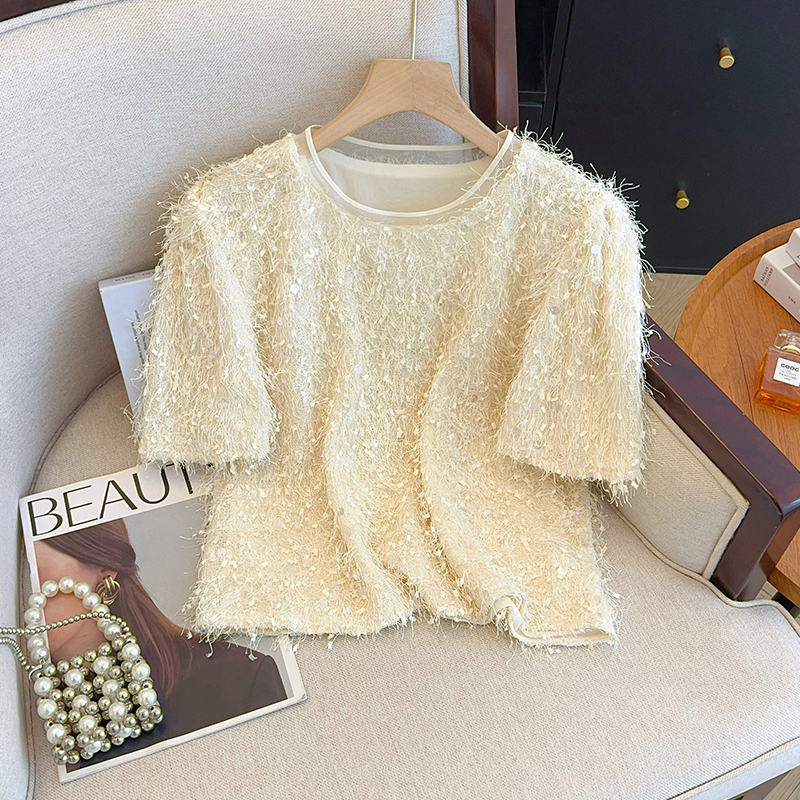 French high-end celebrity style tassel sequin round neck short-sleeved top 2025 spring and summer new layered shirt T-shirt for women