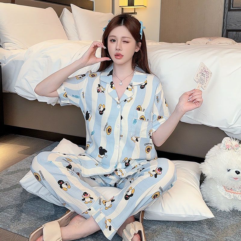 Spring imitation cotton sweet V-neck cardigan long sleeve trousers pajamas women's suit casual home clothes