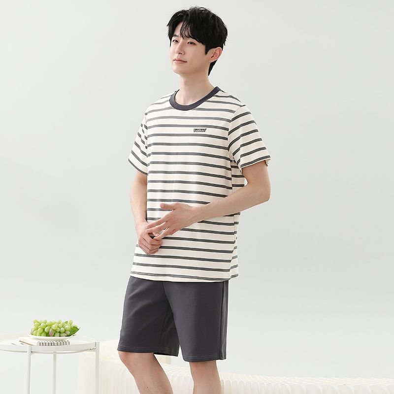 Summer imitation cotton men's round neck short sleeve shorts pajamas men's suit casual home clothes
