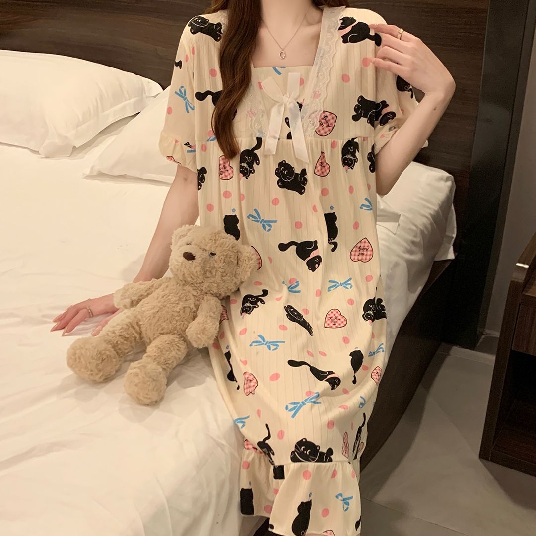 Summer milk silk pit strip lace lace square collar short-sleeved nightgown women's home clothes body dress