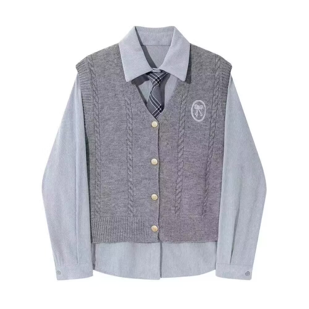 British college style knitted vest autumn and winter layered long-sleeved shirt with tie two-piece suit for women