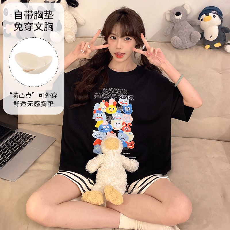 Summer imitation cotton with chest pad cartoon round neck short-sleeved pajamas women's suit casual home clothes