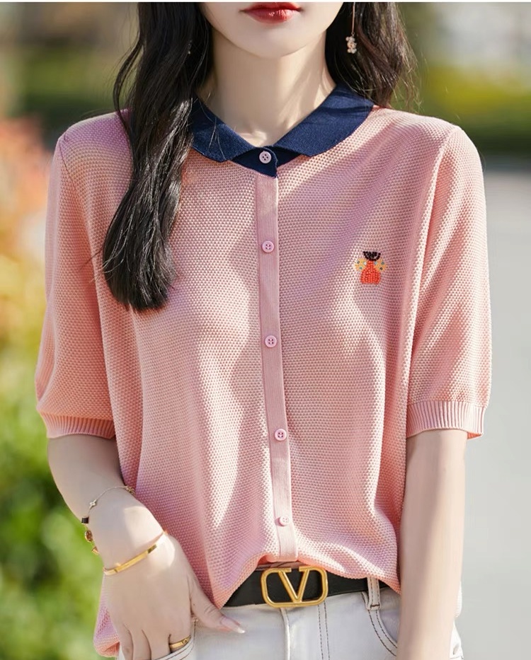 Summer doll collar tensile knitted short-sleeved T-shirt for women loose color small bee embroidered thin fake cardigan top