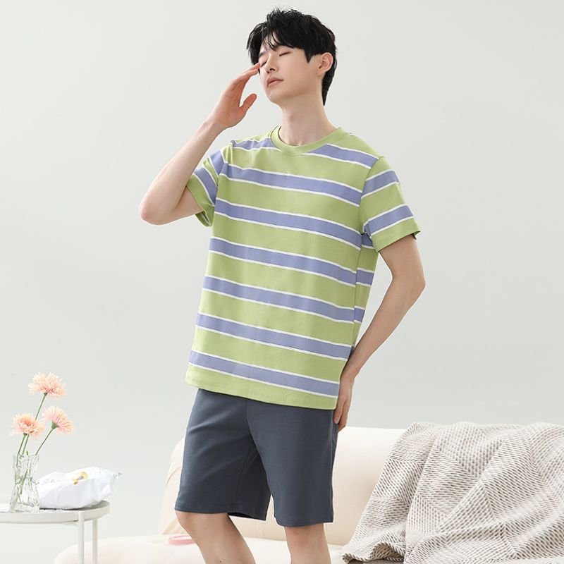 Summer imitation cotton men's round neck short sleeve shorts pajamas men's suit casual home clothes