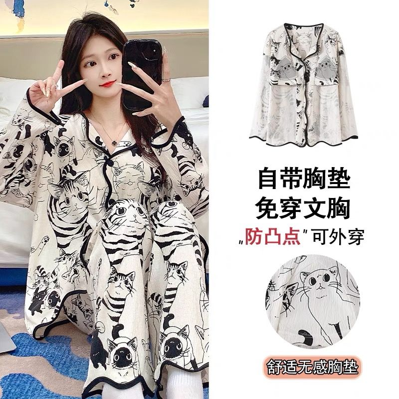 New cardigan with chest pad in spring and autumn, small fragrance style cartoon long-sleeved pajamas for women, sweet home clothes for women, can be worn outside