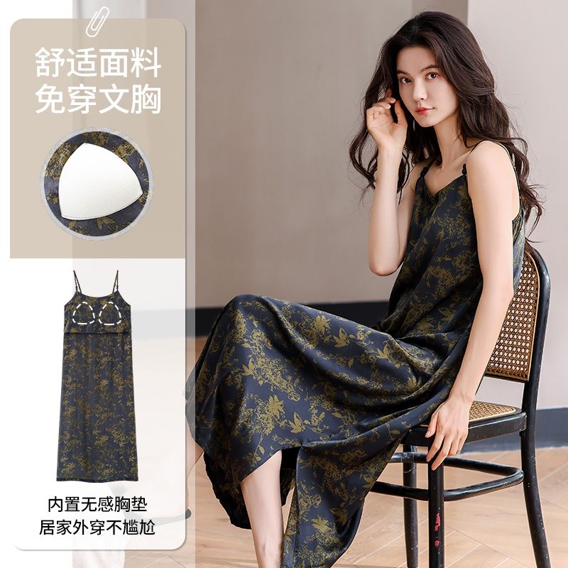 Summer ice and snow ribbon chest pad sexy suspender nightgown women's home dress dress dress