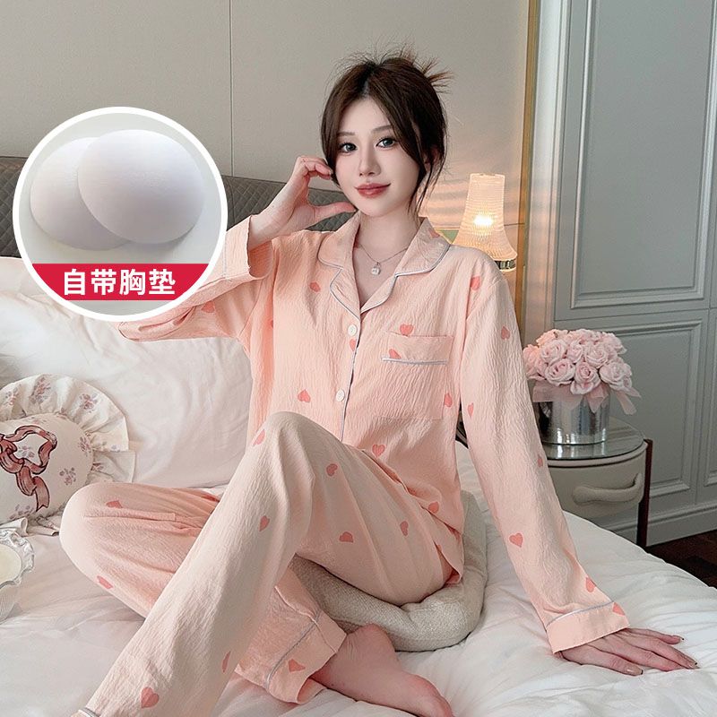 Spring cloud cotton with chest pad lapel cardigan long-sleeved pajamas women's suit home clothes