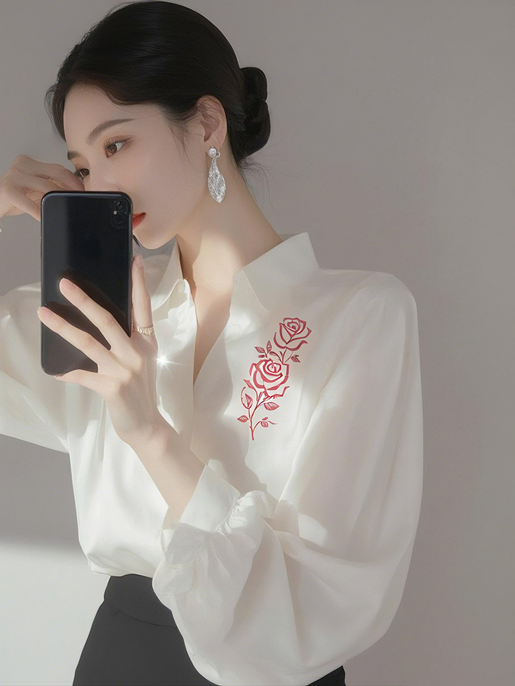 2025 new white shirt women's professional outfits with high-end and beautiful small shirt French printed top