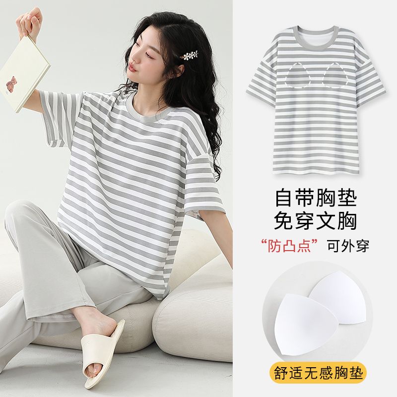 Summer tie-up imitation cotton with chest pad round neck short-sleeved trousers pajamas women's suit home clothes