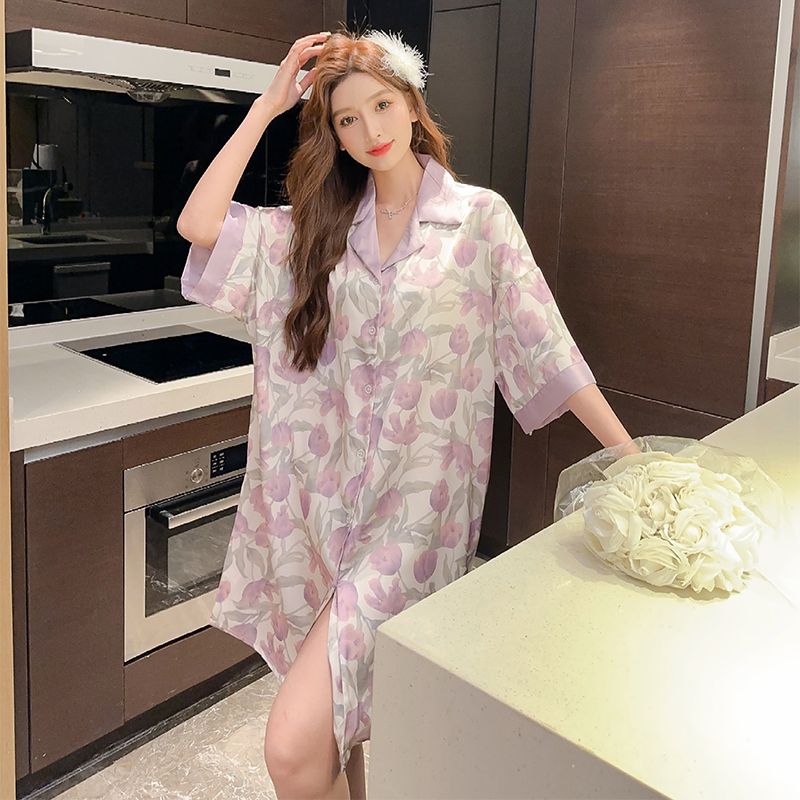 Summer ice and snow silk high density lapel cardigan short-sleeved women's nightgown sensual open button skirt women