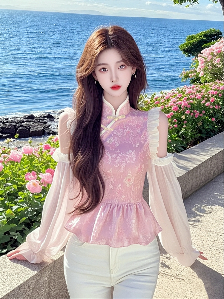 French high-end temperament new Chinese shirt 2025 spring outfit new super beautiful unique and beautiful pink top